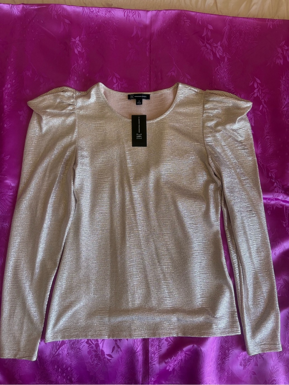 INC International Concepts Silver Metallic Puff-Shoulder Long Sleeve Top